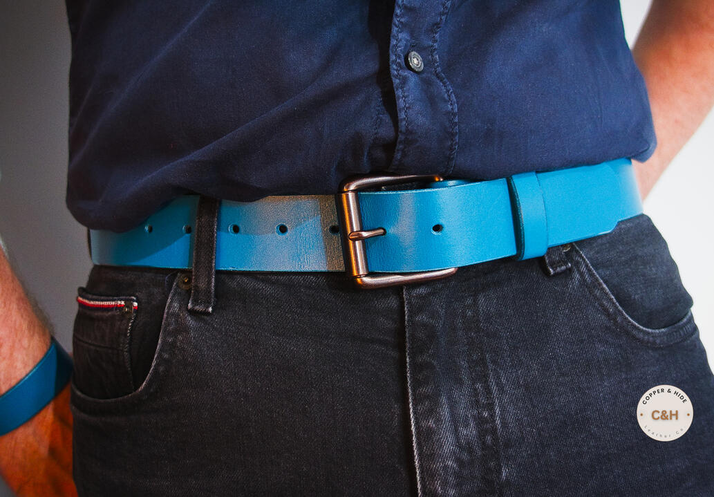 The Azurite | Turquoise Leather, Copper Hardware | Handmade Men's Belt | Gift for Him | UK Artisan The Azurite | Turquoise Leather, Copper Hardware | Handmade Men's Belt | Gift for Him | UK Artisan